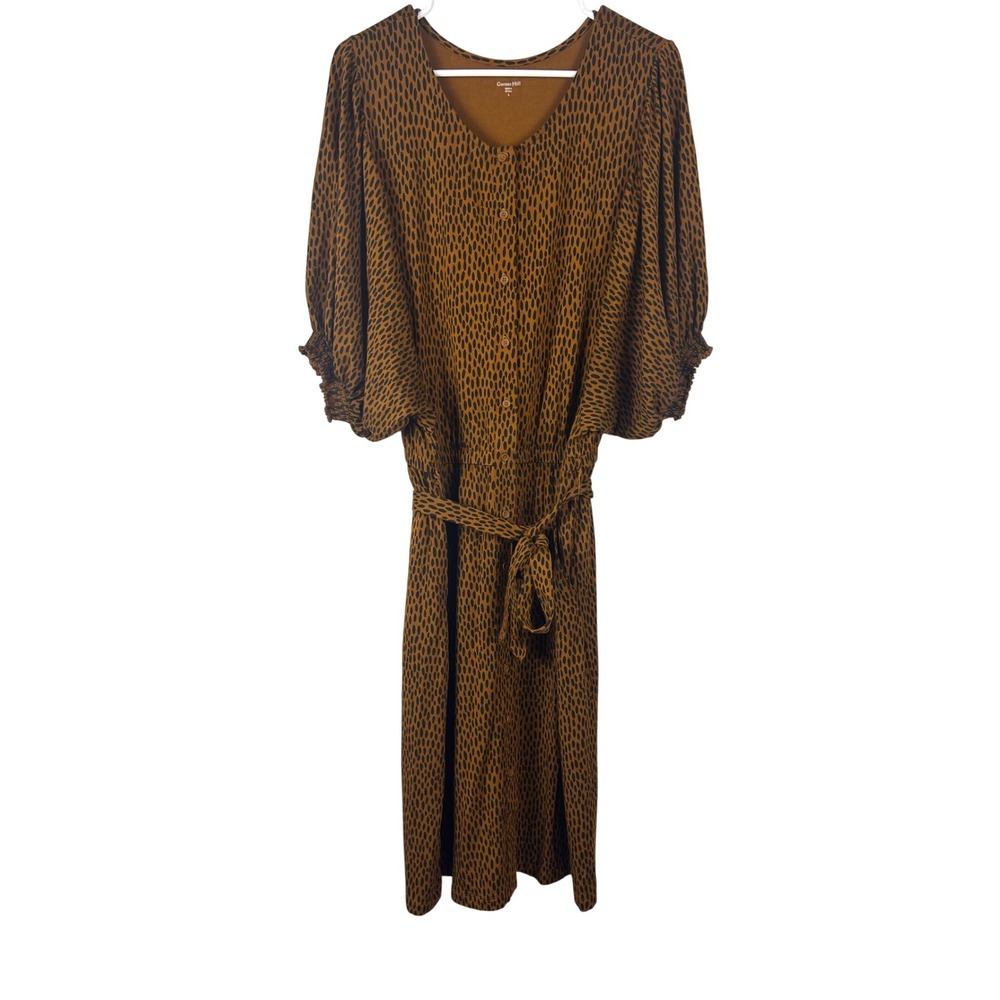 Garnet Hill Brown Dotted Tencel Midi Dress Dolman Sleeve Pockets Size L